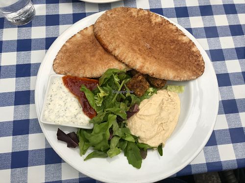 Falafel, salad and pita  at Rainbows End Cafe in Glastonbury