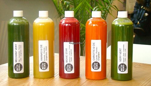 A selection of our cold-pressed juices, for accompanying a meal or for a cleanse - Une sélection de nos jus détox pressés à froid - pour consommation avec un repas ou dans une cure de jus at Cafe Nutrimania in Montreal
