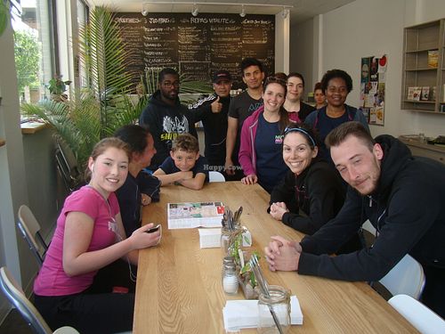 We promote healthy lifestyles - here is the jogging group meeting at the Café - Nous promouvons les saines habitudes de vie - voici le groupe de jogging réuni au Café. at Cafe Nutrimania in Montreal