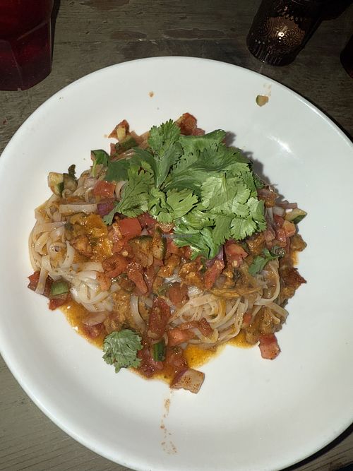 Butter chicken noods (not my FAV but still delicious - love soy curls)  at MeeT on Main in Vancouver