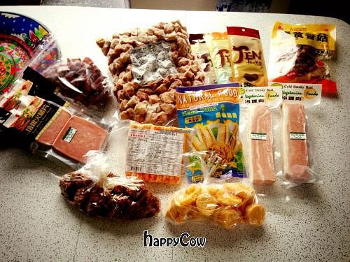 Everything vegan!  Chicken chunks, thai beef, scallops and calamari strips, jerky, char sui, crab sticks, bacon, ham slices, and tuna! at Layonna Vegetarian Health Food in Oakland