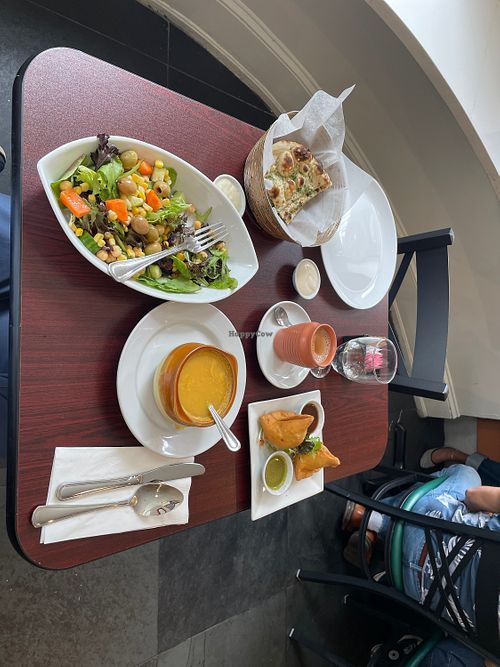 Masala chai tea, House salad, Mulligatawney soup, Veg samosas, garlic naan!  at Sarva Indian Cuisine in Boston
