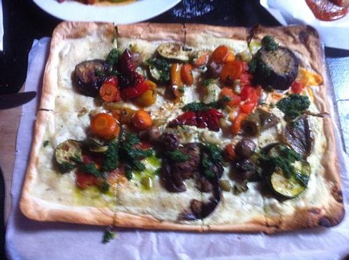 vegan flammkuchen with vegan sour cream and med. veg at Südblock in Berlin