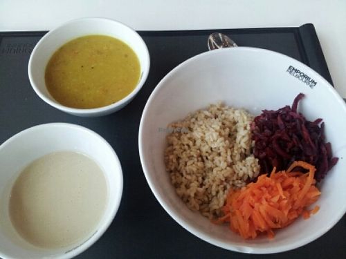 Brown rice, cumin carrot, vinegared beetroot, red lentil dhal, tahini sauce. at Supercharger - The Emporium in Melbourne