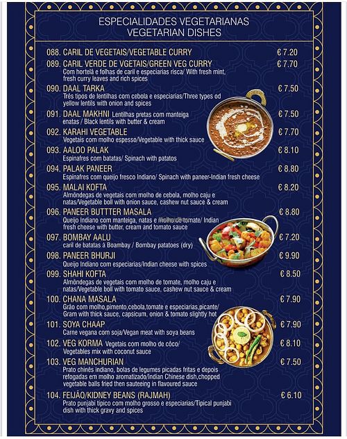 The vegetarian menu  at HAVELI RESTAURANT in Beja