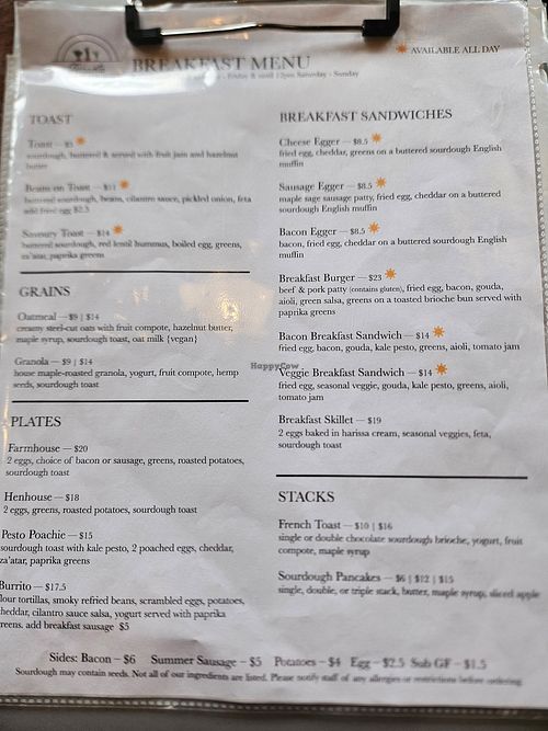 Breakfast menu at Terravita Kitchen in Revelstoke