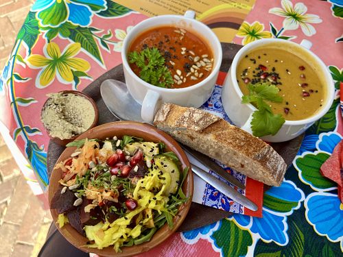 2 soup sampler with small salad, bread & hummuss  at Soepp in Alkmaar