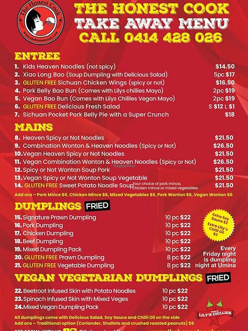 Menu June 2026  at The Honest Cook in Umina Beach