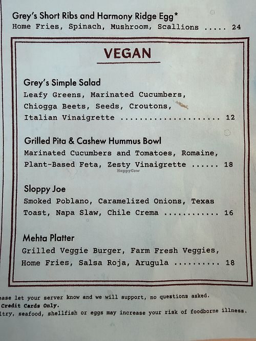 Love the vegan section on the regular menu.   at Grey's Diner & Community Kitchen in Charlotte
