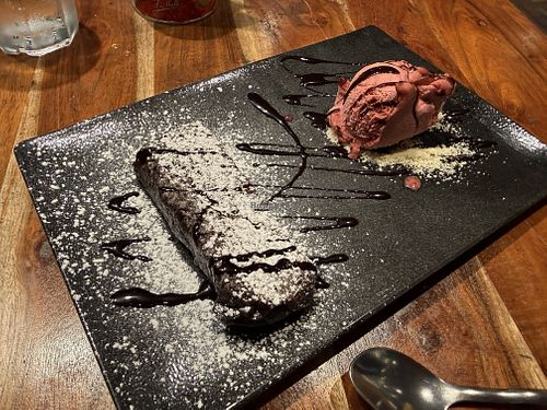 Vegan brownie and sorbet  at The Office in Chamonix