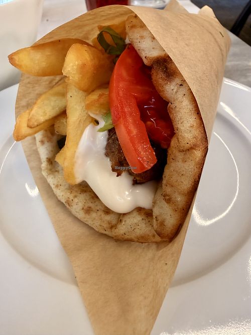 Beyond sausage wrap with vegan mayo and fries  at To mikro tou Floisvou (Το μικρό του Φλοίσβου) in Paleo Faliro