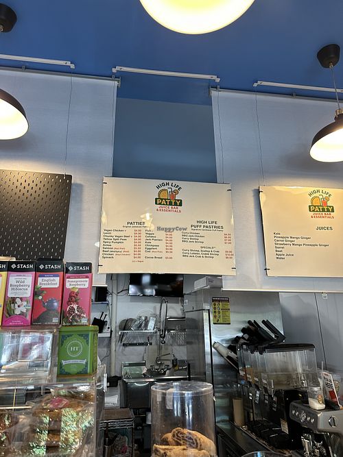Nearly all patties on the menu are vegan, with the exception of the listed “real meat” options.  at High Life Patty Juice Bar Essentials  in Brooklyn