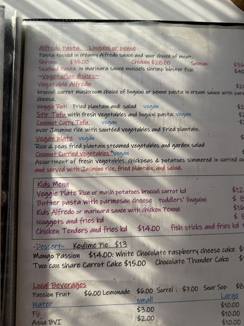 Vegan menu, but will make off menu if needed   at D'CoalPot BVI Restaurant Bar & Grill in Tortola