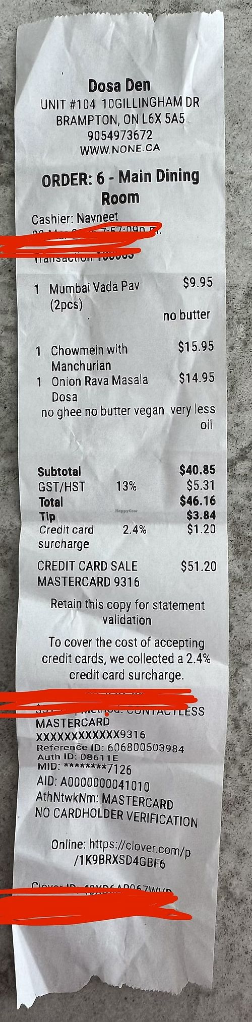 Receipt  at Dosa Den in Brampton