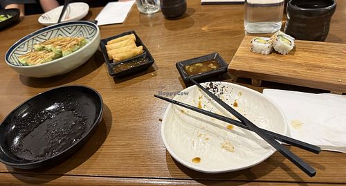Gyoza, spring rolls and avocado cucumber sushi vegan option (no mayo)  at Oshima Beaumaris All You Can Eat in Beaumaris