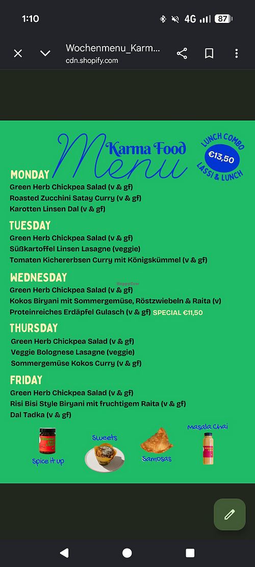 Example of a weekly menu at Karma Food - Stadtplatz Klosterneuburg in Klosterneuburg