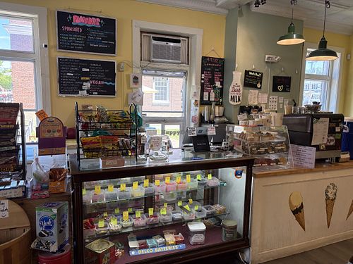 The inside, with vegan options listed on the blackboard.  at The Saco Scoop in Saco