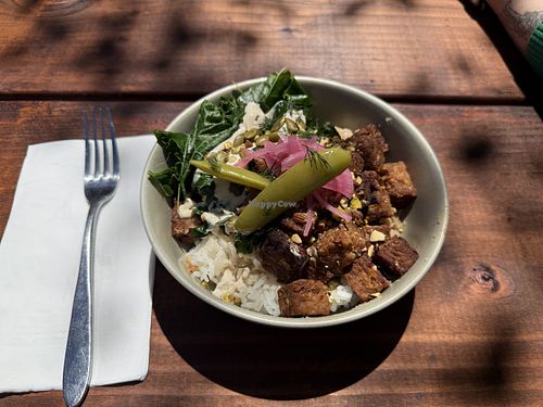 Tempeh Bowl with pickles and pepita saucee  at Saanu Café & Sauna in Joseph