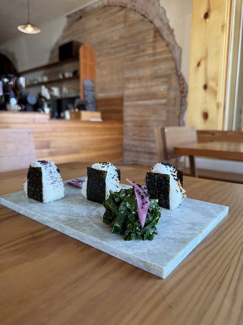 Onigiri. Pickled plum and tempeh/shiitake are vegan.   at Saanu Café & Sauna in Joseph
