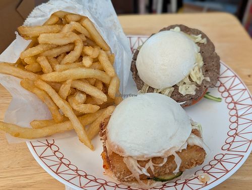 Fries, Sweet chili bao in front, Impossible bao in back at The BAO in Clayton