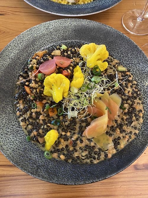 Lentil curry with pickles and sprouts   at Restaurant Barvírna in Cesky Krumlov