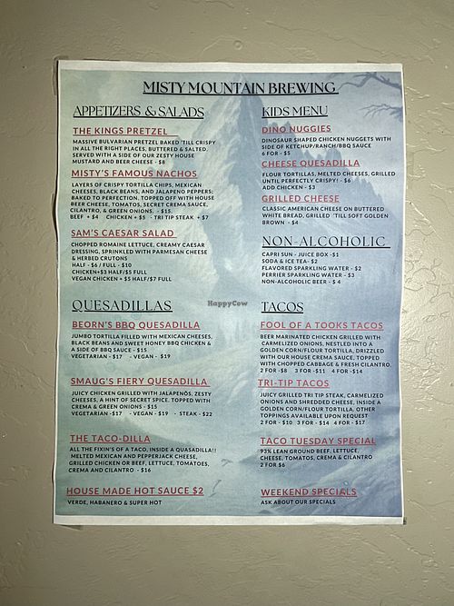Menu is clearly marked vegan  at Misty Mountain Brewing & Tap Haus in Brookings