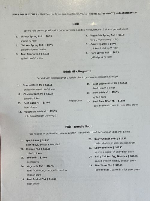 menu  at Viet on Fletcher in Los Angeles