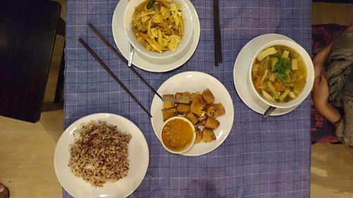 Brown rice, Panang curry, spring rolls, vegetable soup at May Kaidee Chiang Mai in Chiang Mai