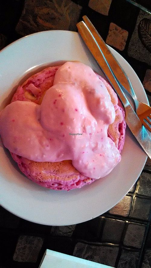 Vegan pancake with pink coconut sauce at May Kaidee Chiang Mai in Chiang Mai