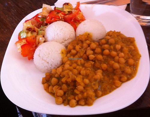 Chickpea and hokkaido sabji with rice with salad. at HalmiSpace in Kosice
