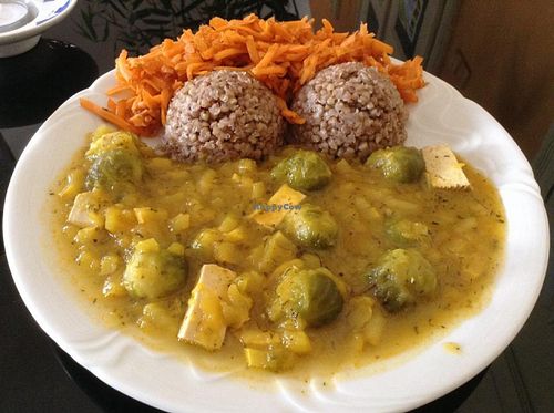 sabji from pumpkin, brussel sprouts and tofu with buckwheat, carrot salad with dried tomatoes (soup, cake and tea not on picture) at HalmiSpace in Kosice