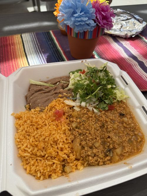 Burrito bowl with chipotle TVP as the protein. Chipotle is mildly spicy, very delicious    at El Oeste in West Yellowstone