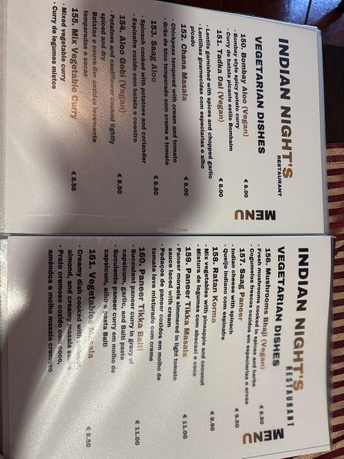 Menu  at Indian Night's in Albufeira