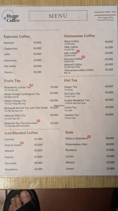 Menu at Hygge Coffee in Hoi An