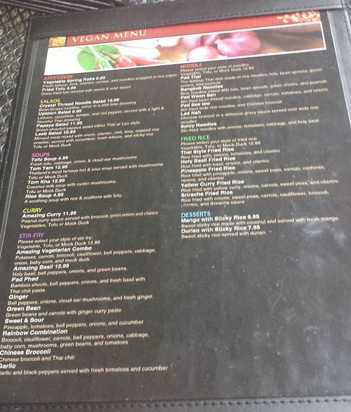 vegan menu at Amazing Thailand in Minneapolis