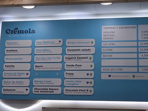 Menu at Cremola gelato Italiano in Palma