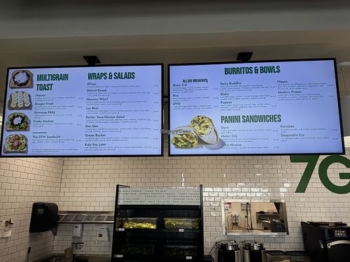 Hipster toast (hummus avocado), Grownup PB&J, spicy buddah bowl/wrap (brown rice, sweet potato, chickpeas), hippie bowl/wrap (quinoa, black bean, avocado, vegan taco meat)  at 7Greens in Detroit
