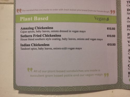 Vegan sandwich menu at Papa'z Bistro in Limerick