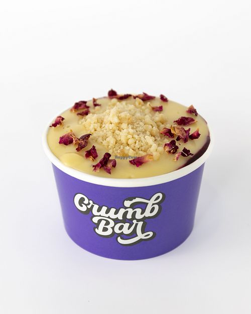 Veganized crumb bar crumble - shortbread crumble, berry compote, vegan pudding (not on menu- ask for it!) rose petals at Crumb Bar in Edmonton