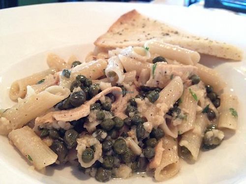 vegan Chicken Picatta w/ garlic bread at Picazzo's Healthy Italian Kitchen in Scottsdale