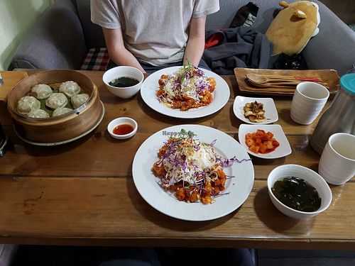 Vegan chicken and sides at Dajeon Cafe in Busan