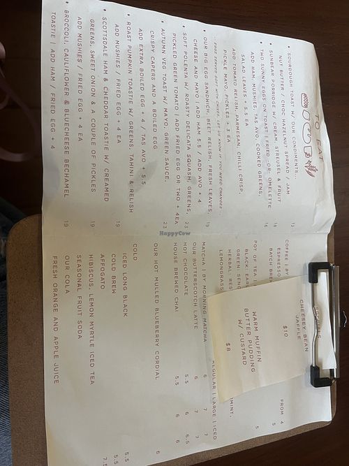 Menu  at Sunbear in Hobart