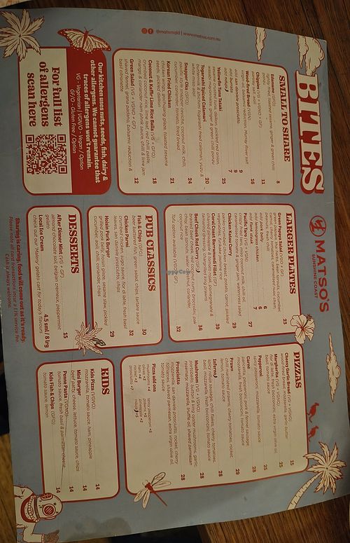 Food menu at Matso's Sunshine Coast Brewery in Eumundi