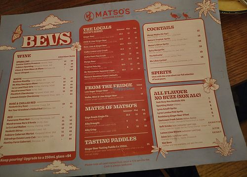Drinks menu at Matso's Sunshine Coast Brewery in Eumundi