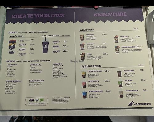 Menu with clearly labelled vegan and gluten free options at OAKBERRY Açai | Gibraltar  in 