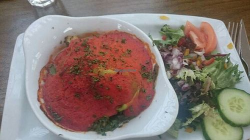 baked avocado in sweet chili sauce (vegan) at The Golden Lion Pub in Winchester