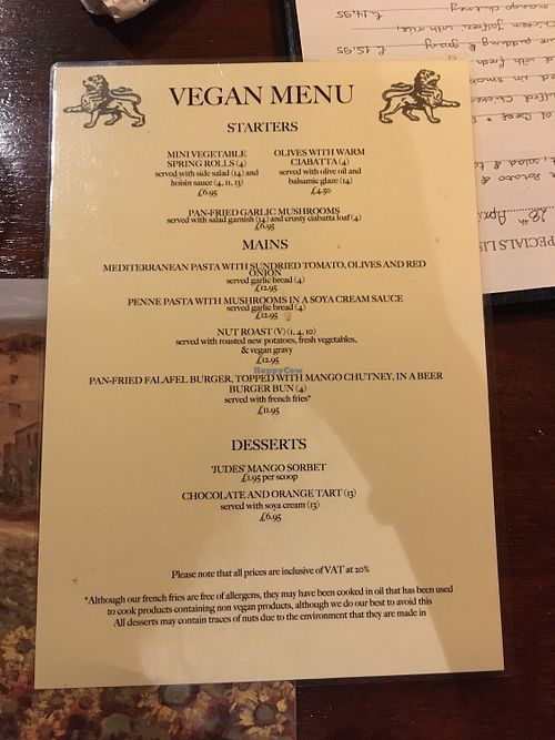 Vegan menu as of 2019-04 at The Golden Lion Pub in Winchester