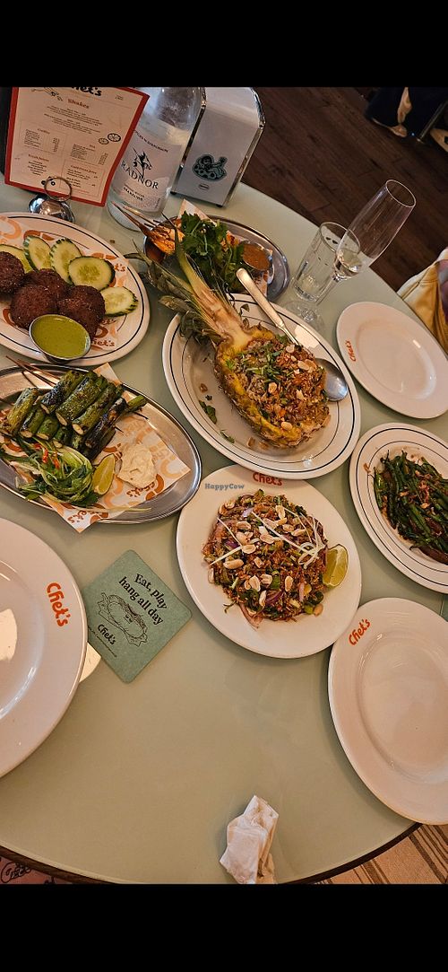 Crispy rice salad, grilled asparagus, pineapple rice, Thai larb, and Thai green beans at Chet's in West London