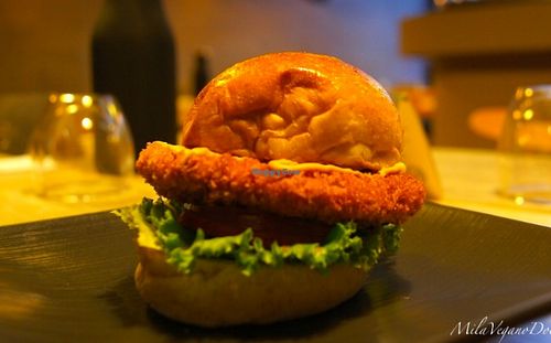 the very expensive hamburger on the big plate.... alone.... nothing else.   at Soul R. Vegan Cafe in Taipei