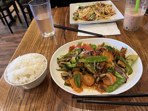 “Vegan” stir fry. You can see some of the egg that snuck in around the central red bell pepper.  at Crazy Noodles Cafe in Amherst